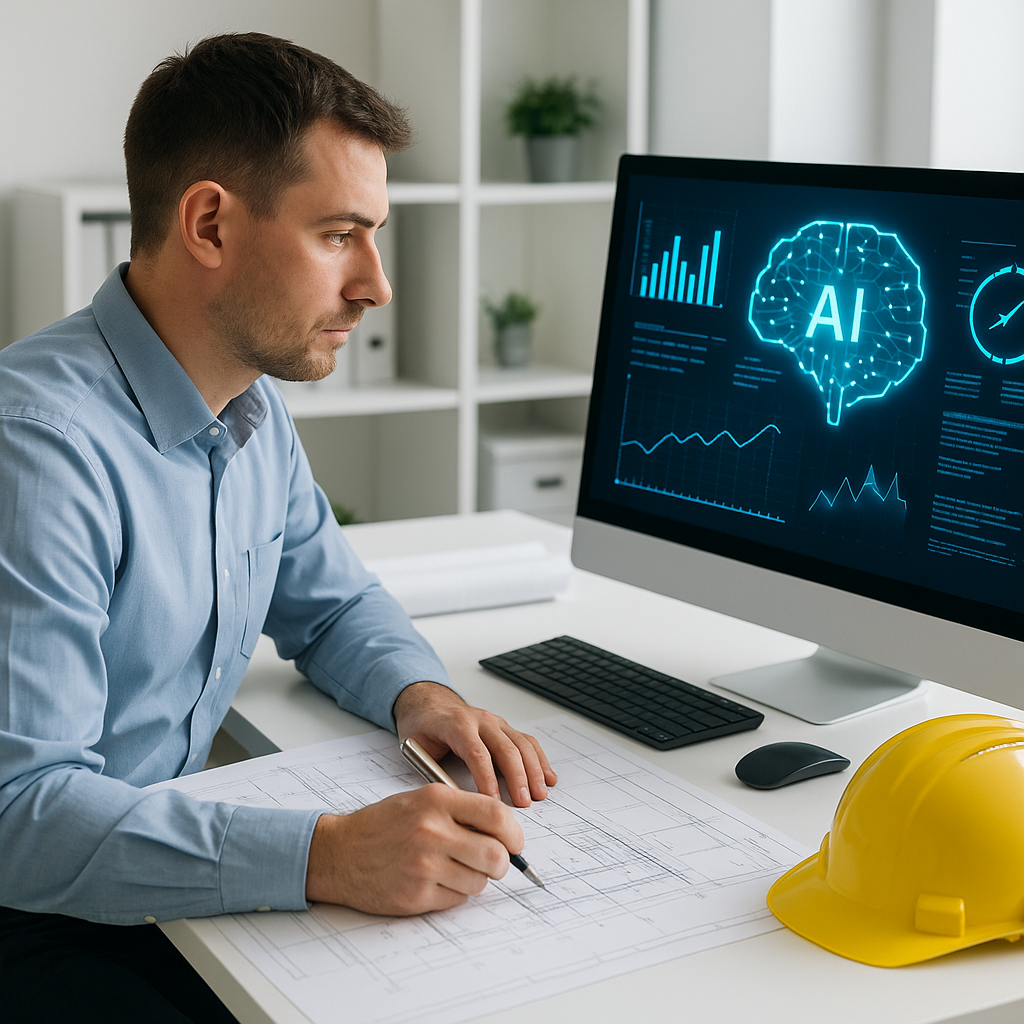 A construction estimator in a modern office, surrounded by blueprints and a computer with AI-generated data on the scree...