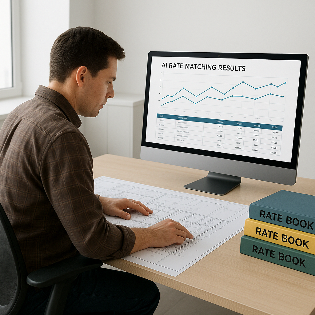 A construction estimator at their desk with a large blueprint and a computer screen showing AI-based rate matching resul...