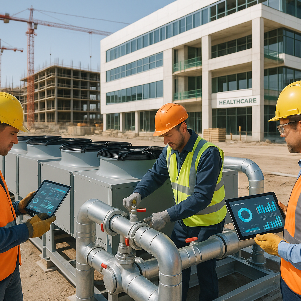 A construction site with workers assembling a data center cooling system next to a healthcare facility under constructio...