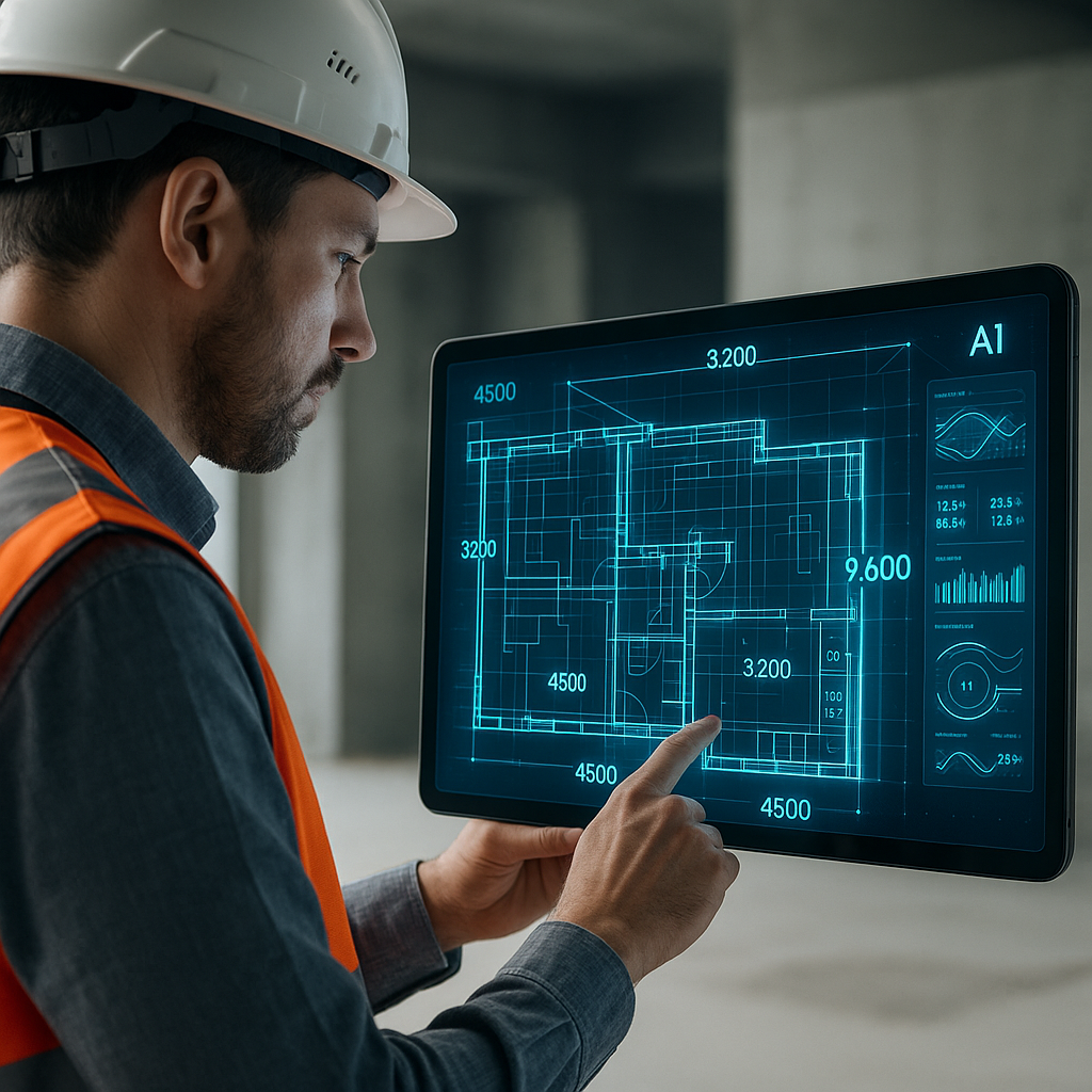 A construction estimator using a futuristic AI-powered tablet to analyze a complex blueprint, with visible 3D measuremen...
