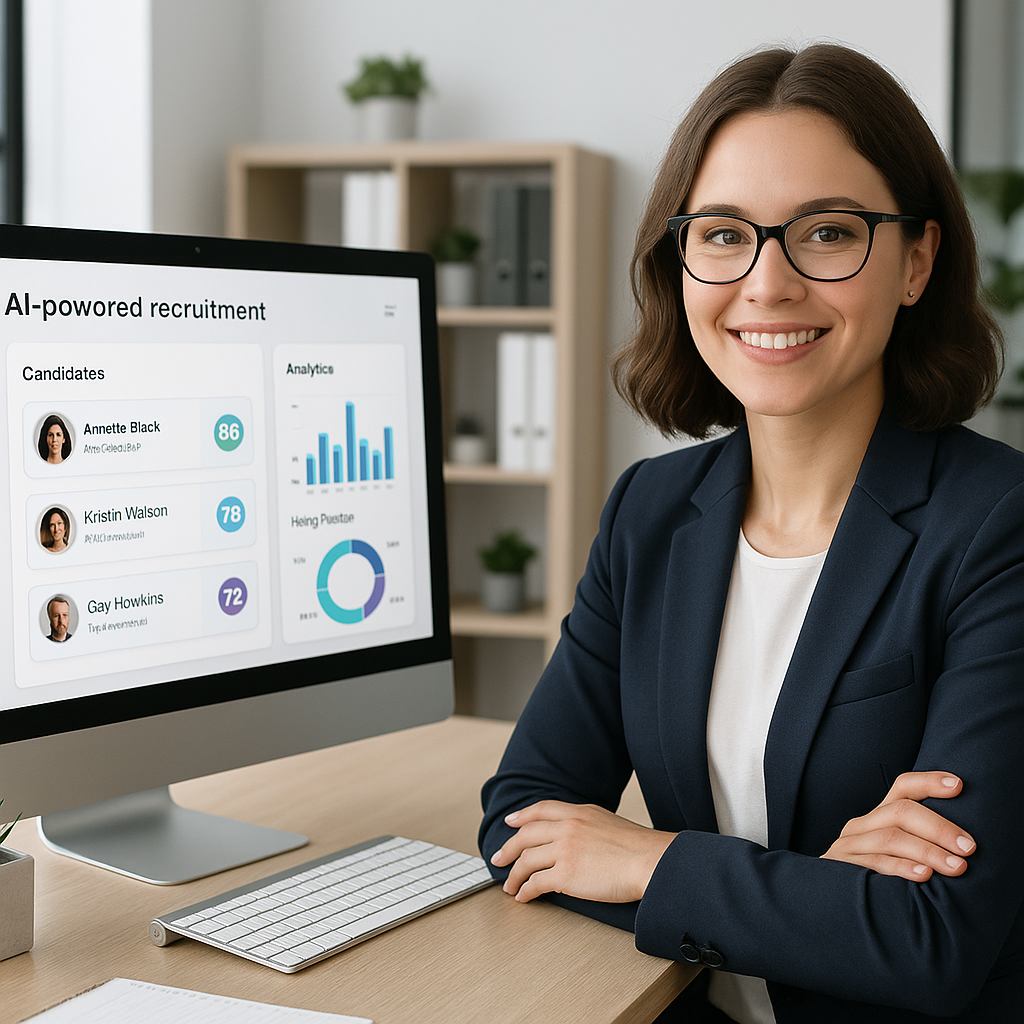 A modern HR office with a sleek computer screen displaying an AI-powered recruitment dashboard, showcasing candidate sco...