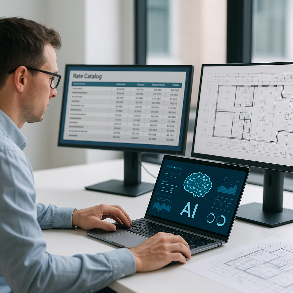 A construction estimator using AI software on a laptop, with rate catalogs visible on one screen and a project blueprint...