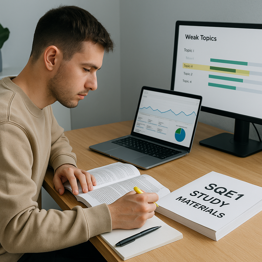 A focused student sitting at a desk with SQE1 study materials, a laptop displaying analytics, and a highlighted weak-top...