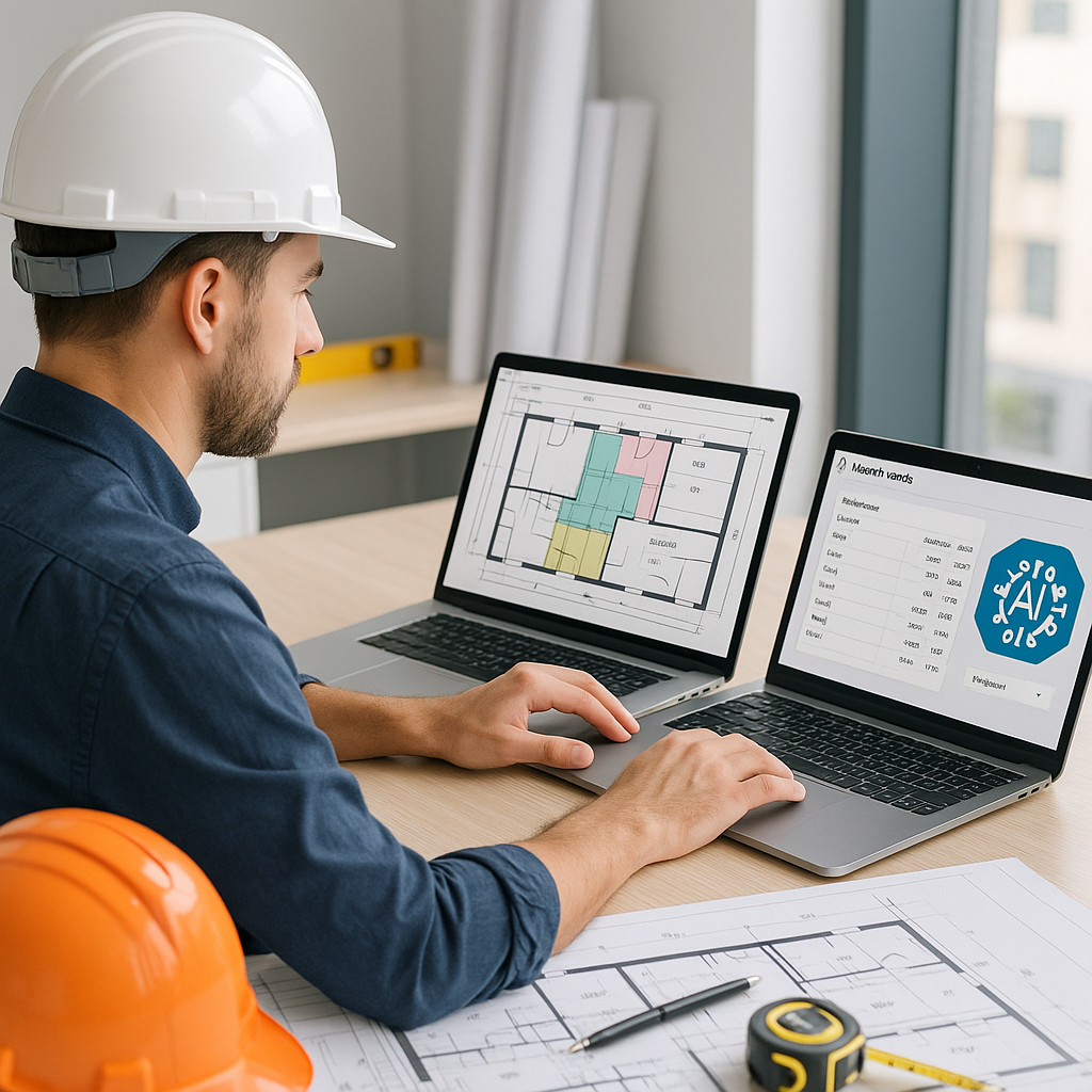 A construction estimator working on a laptop with digital construction plans on one screen and AI-powered software inter...