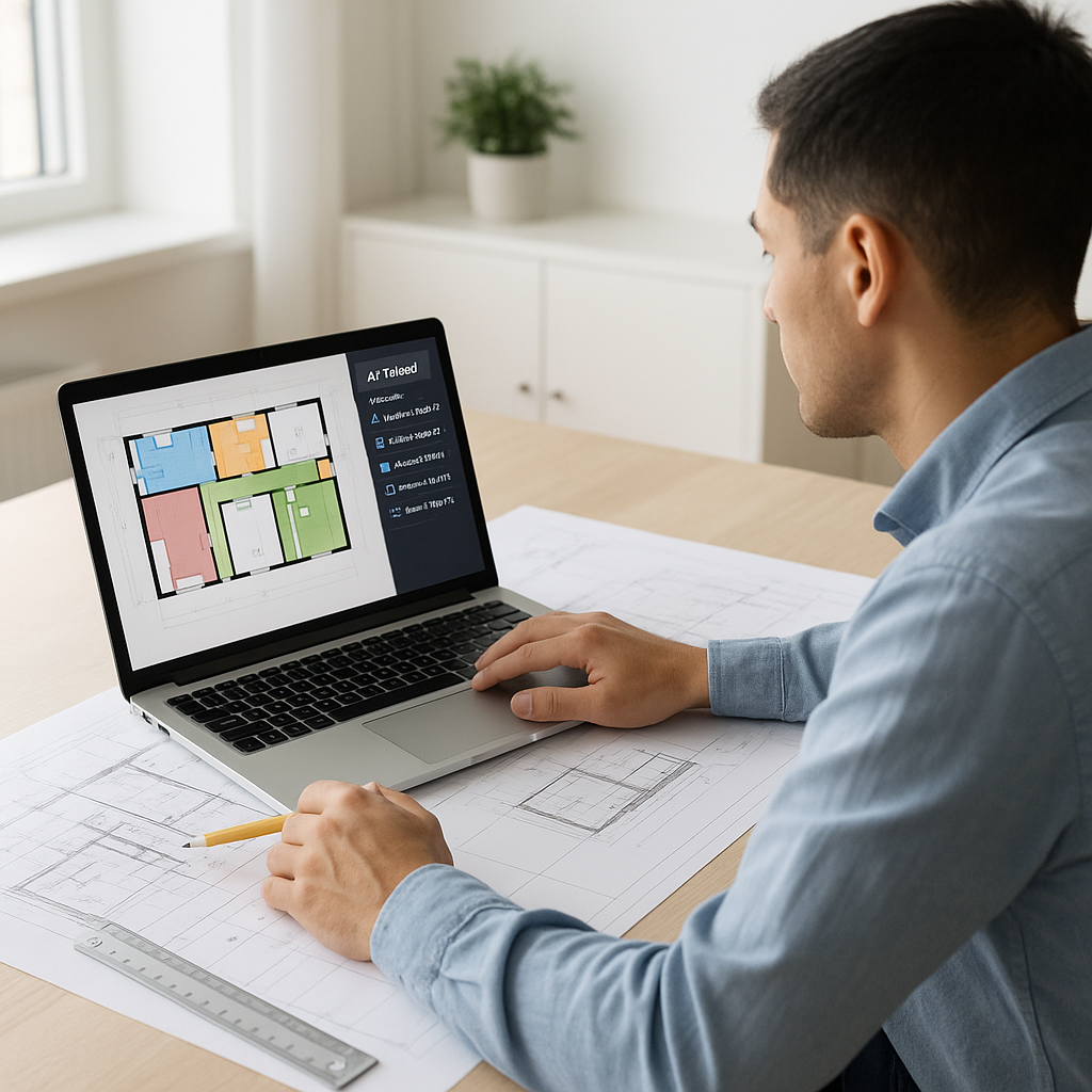 A construction estimator at a desk with a laptop showing AI-powered takeoff results, alongside paper blueprints and a ru...