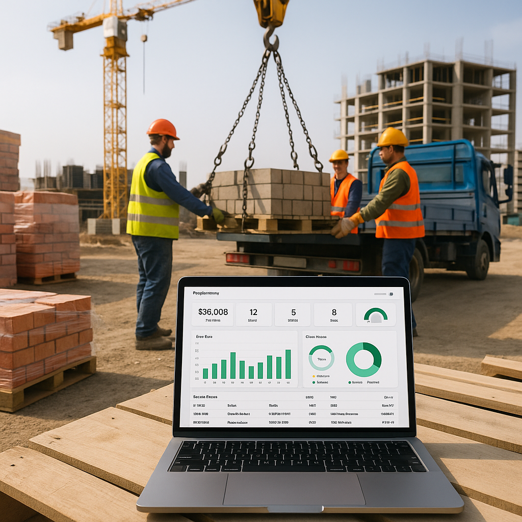 A construction site with workers, a laptop displaying a digital procurement dashboard, and materials being loaded onto a...
