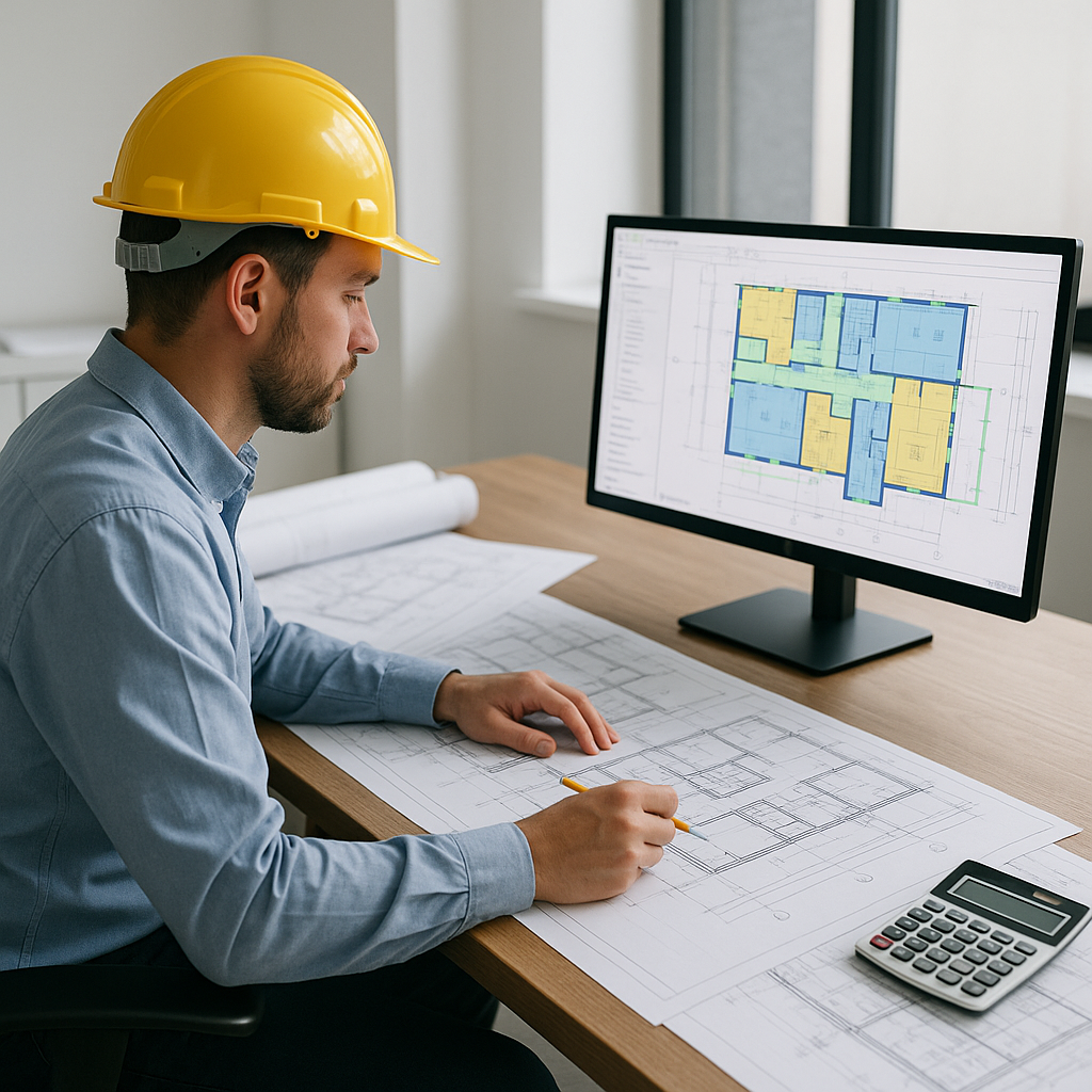 A construction estimator working at a desk, surrounded by traditional blueprints and a computer screen displaying an AI-...