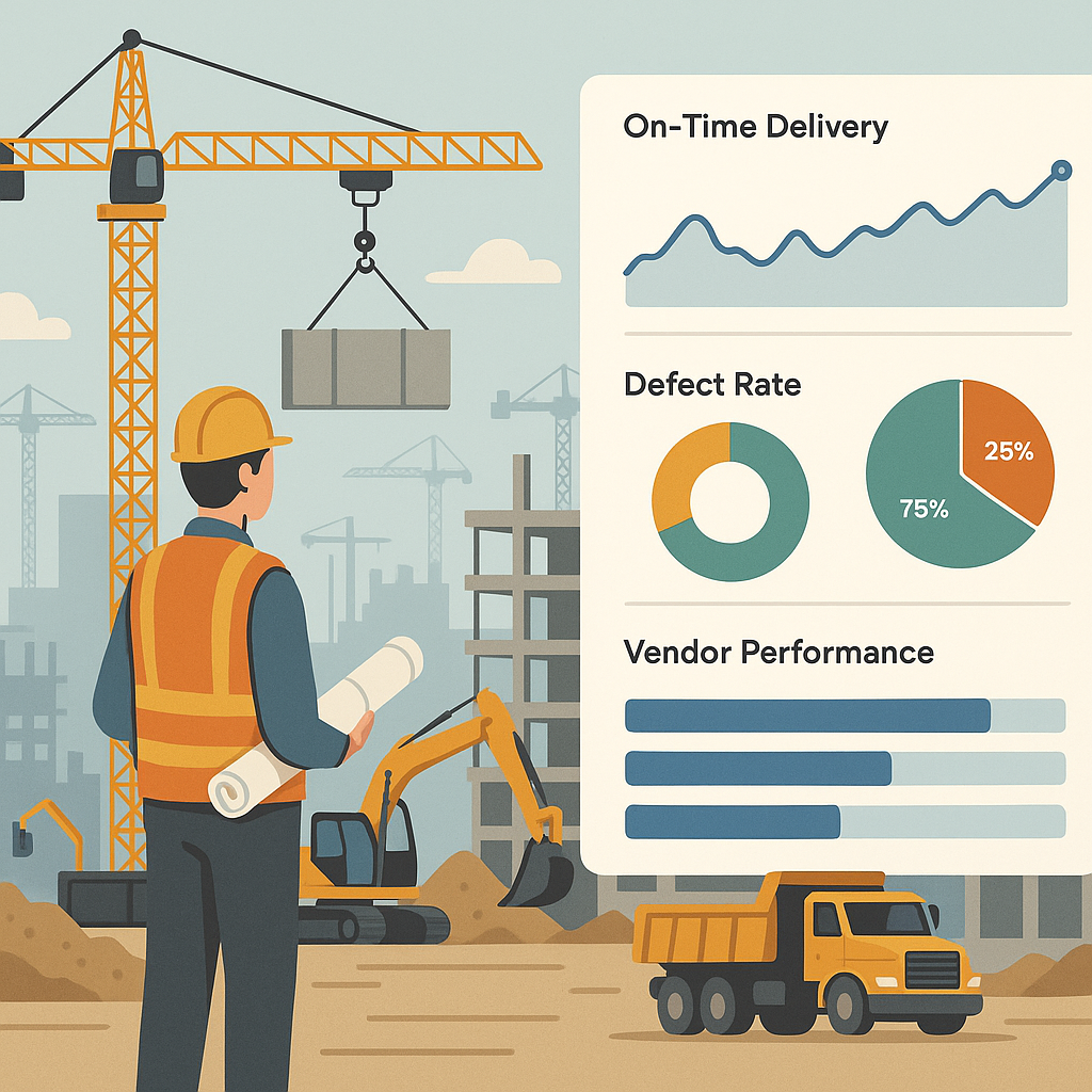 A detailed illustration of a construction site with a digital dashboard overlay showing vendor performance metrics like...