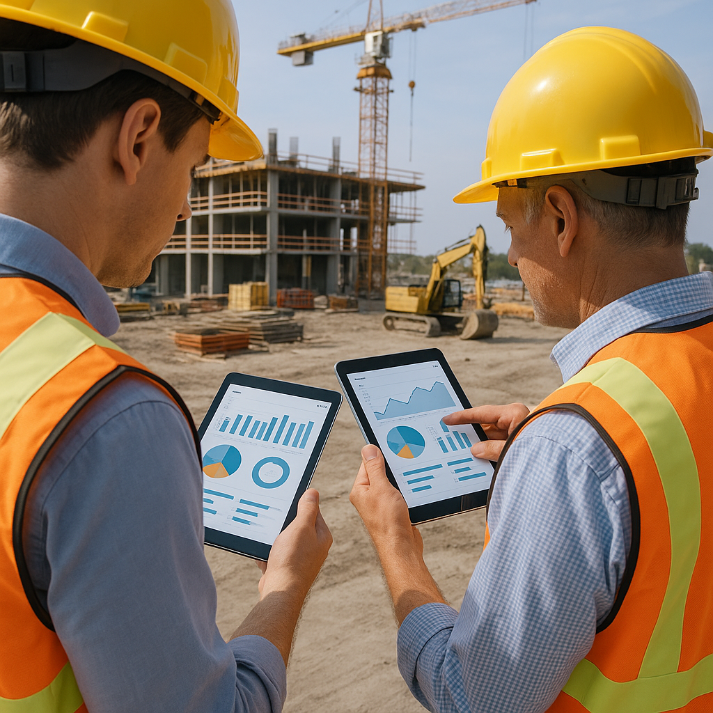 A realistic image of a construction site with engineers reviewing detailed project progress reports on tablets, showing...