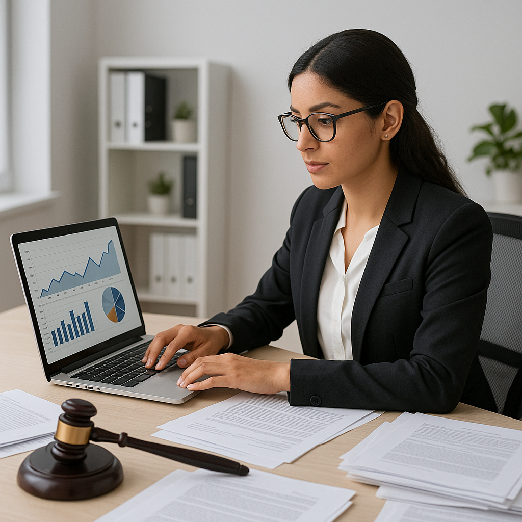 A modern paralegal at a desk, surrounded by legal documents, using a laptop with analytics graphs on the screen, symboli...