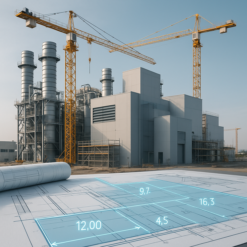A modern utility plant under construction with cranes, blueprints, and AI-generated overlays (like highlighted measureme...