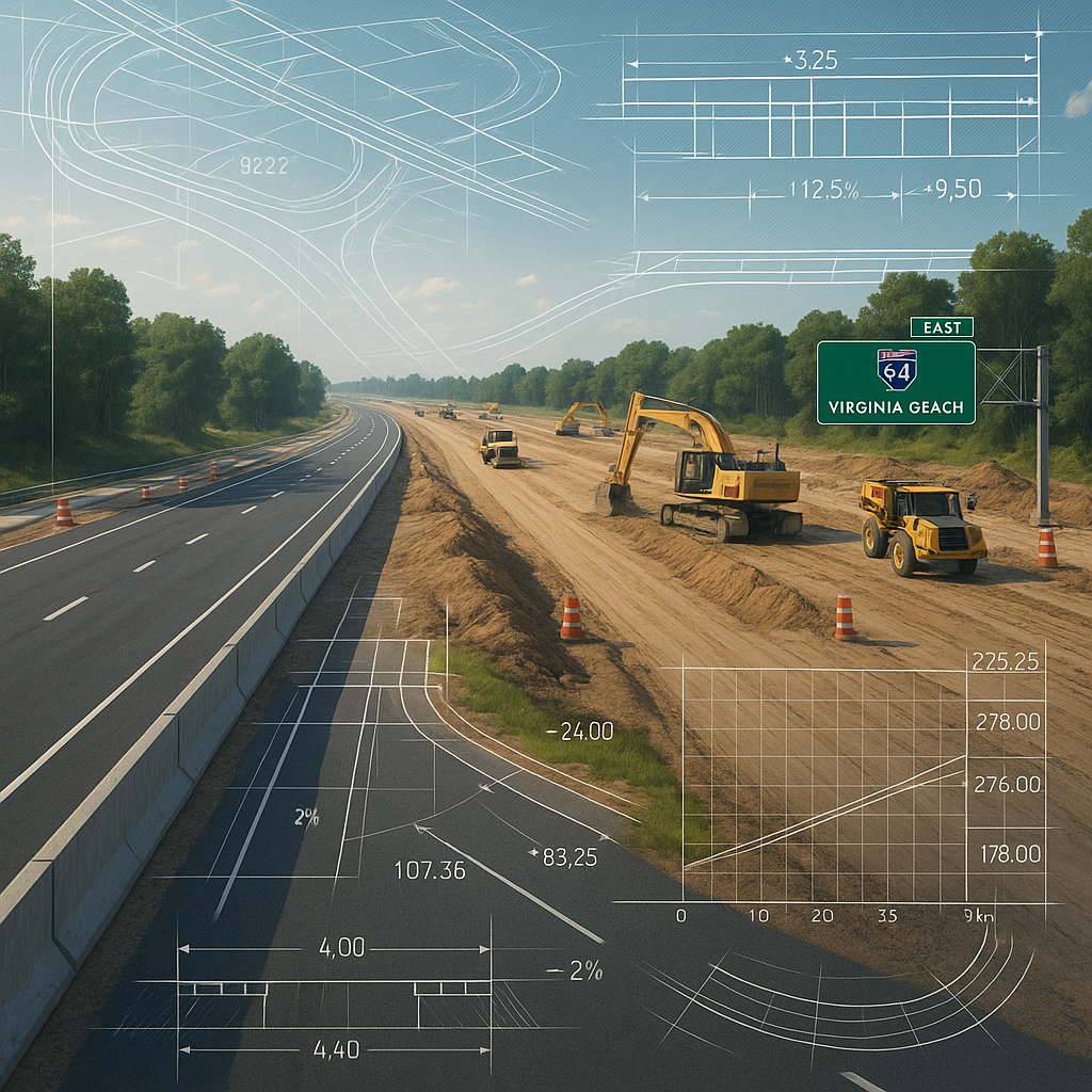 A detailed rendering of a Virginia highway under construction, with AI-generated schematics overlaying the image to sign...
