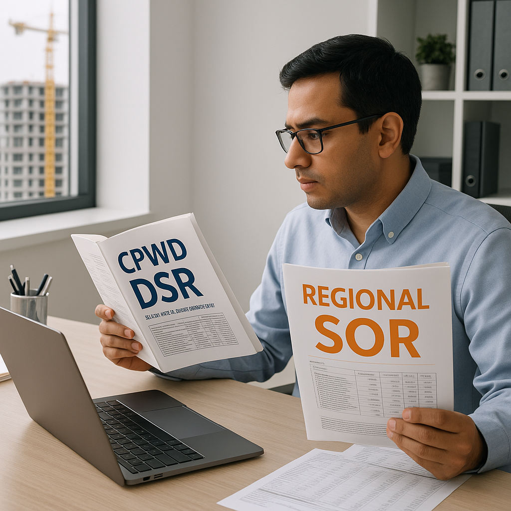 A construction estimator at a desk comparing CPWD DSR catalogs with regional SOR documents, using a sleek AI tool on a l...