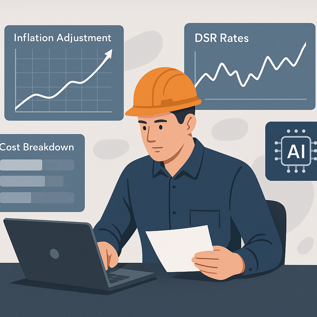 A construction estimator analyzing DSR rates with AI-powered software, surrounded by digital graphs showing inflation ad...