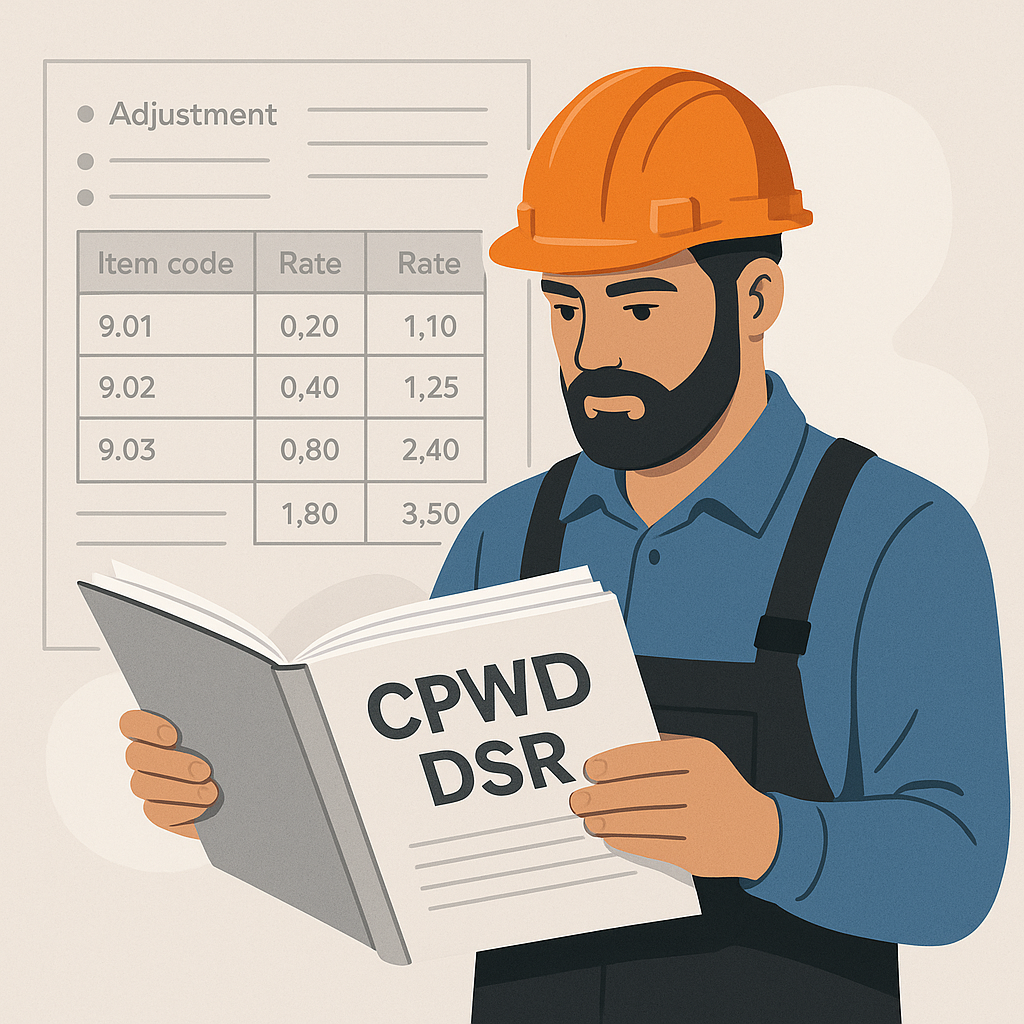 A detailed illustration of a contractor reviewing a CPWD DSR catalog, with visible rate tables, item codes, and adjustme...