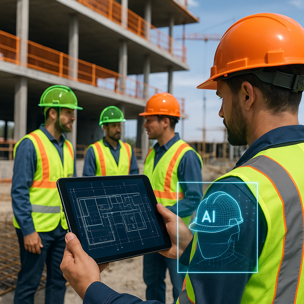 A construction site with workers in high-visibility gear and helmets, a digital tablet showing a detailed project plan,...