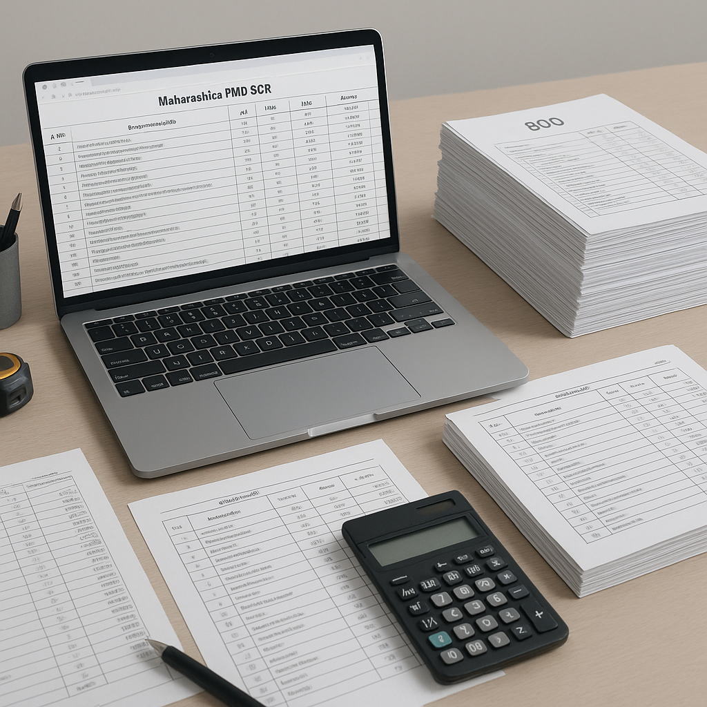 A detailed image of a construction estimator's desk with a laptop showing Maharashtra PWD SOR rates, piles of printed BO...
