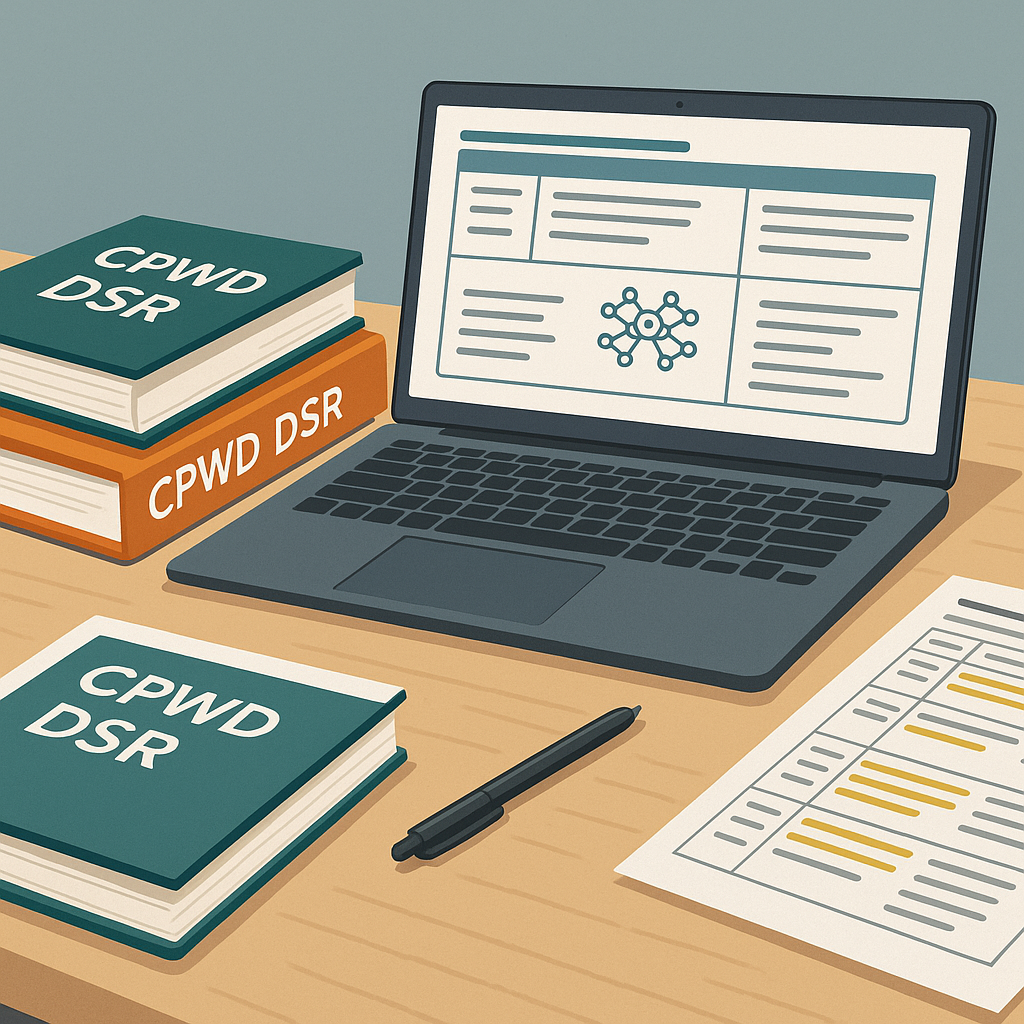 A detailed illustration of a contractor's desk with CPWD DSR books, a laptop showing AI-driven estimation software, and...