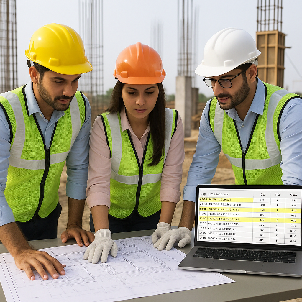 An Indian construction site with workers reviewing blueprints on a table. Include a laptop displaying a BOQ sheet, with...