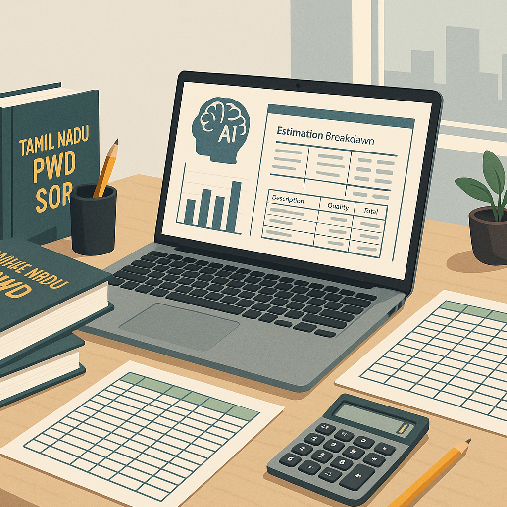 A detailed illustration of a Tamil Nadu construction estimator's desk with a laptop running AI-powered estimation softwa...