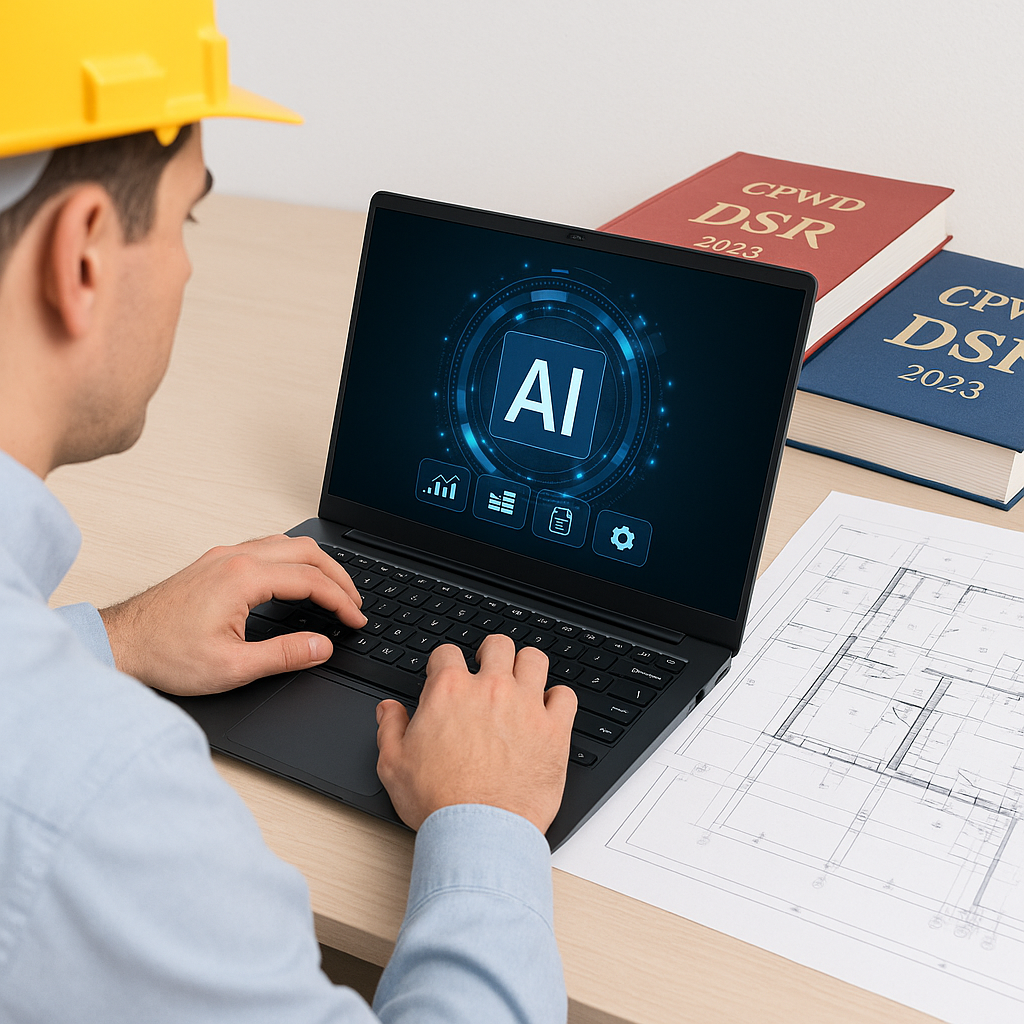 A construction estimator using AI software on a laptop, with CPWD DSR catalogs and architectural drawings in the backgro...
