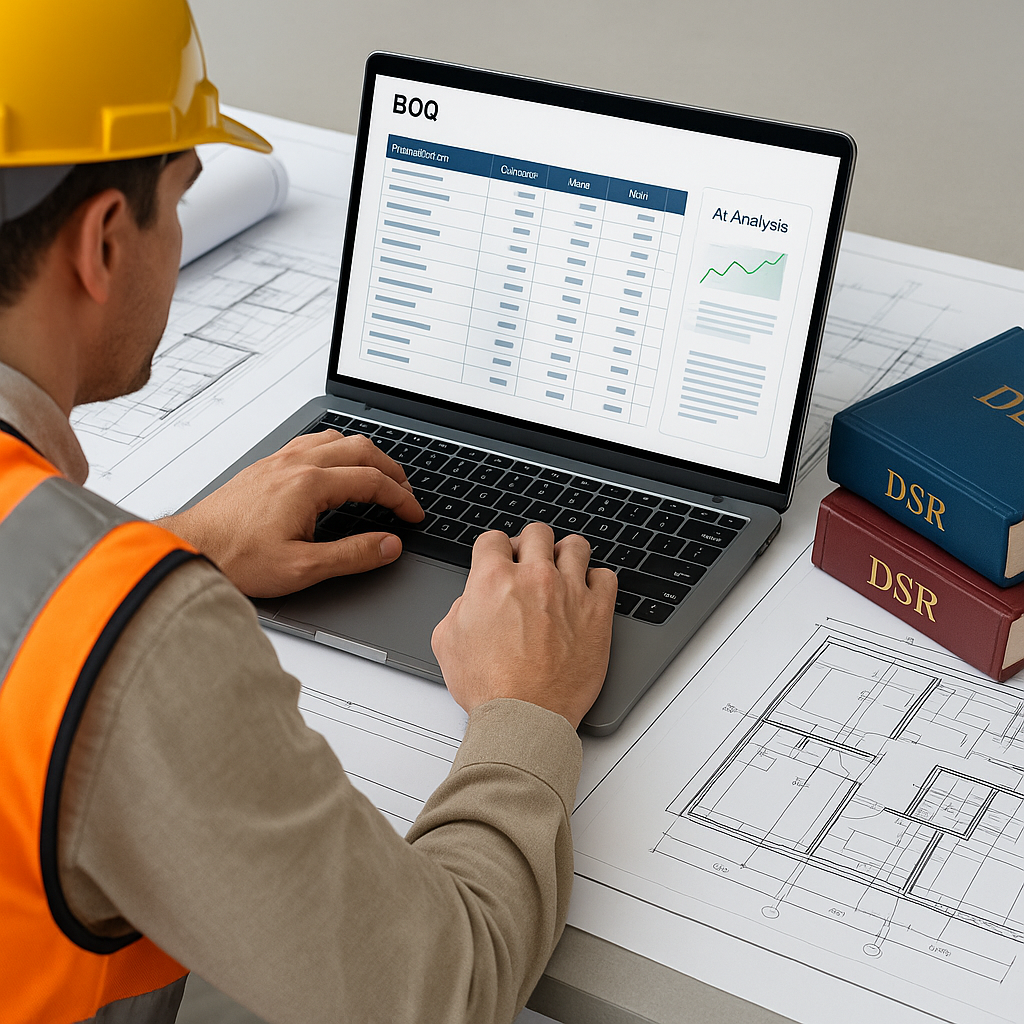 A clean, professional construction planning scene showing a contractor analyzing a large BOQ spreadsheet with AI-powered...