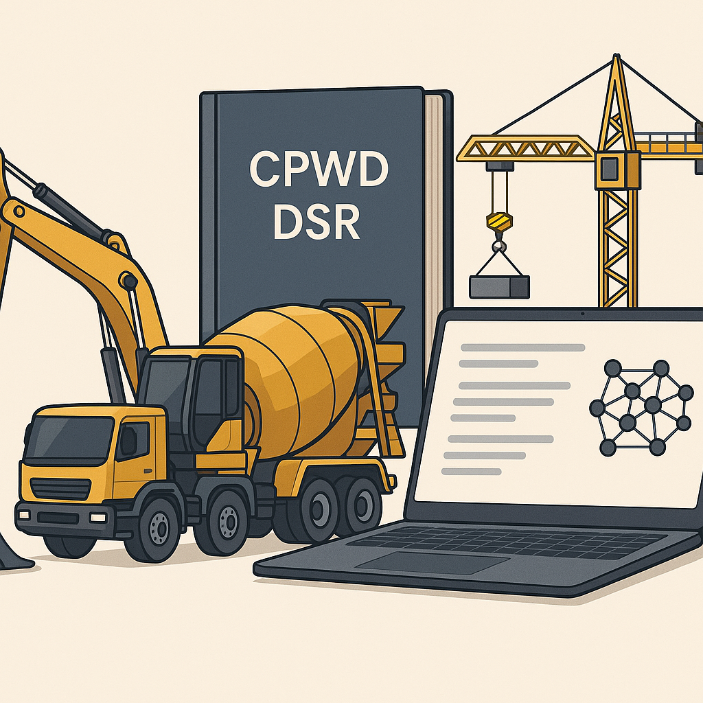 A detailed illustration of construction equipment such as an excavator, concrete mixer, and crane, with a CPWD DSR book...
