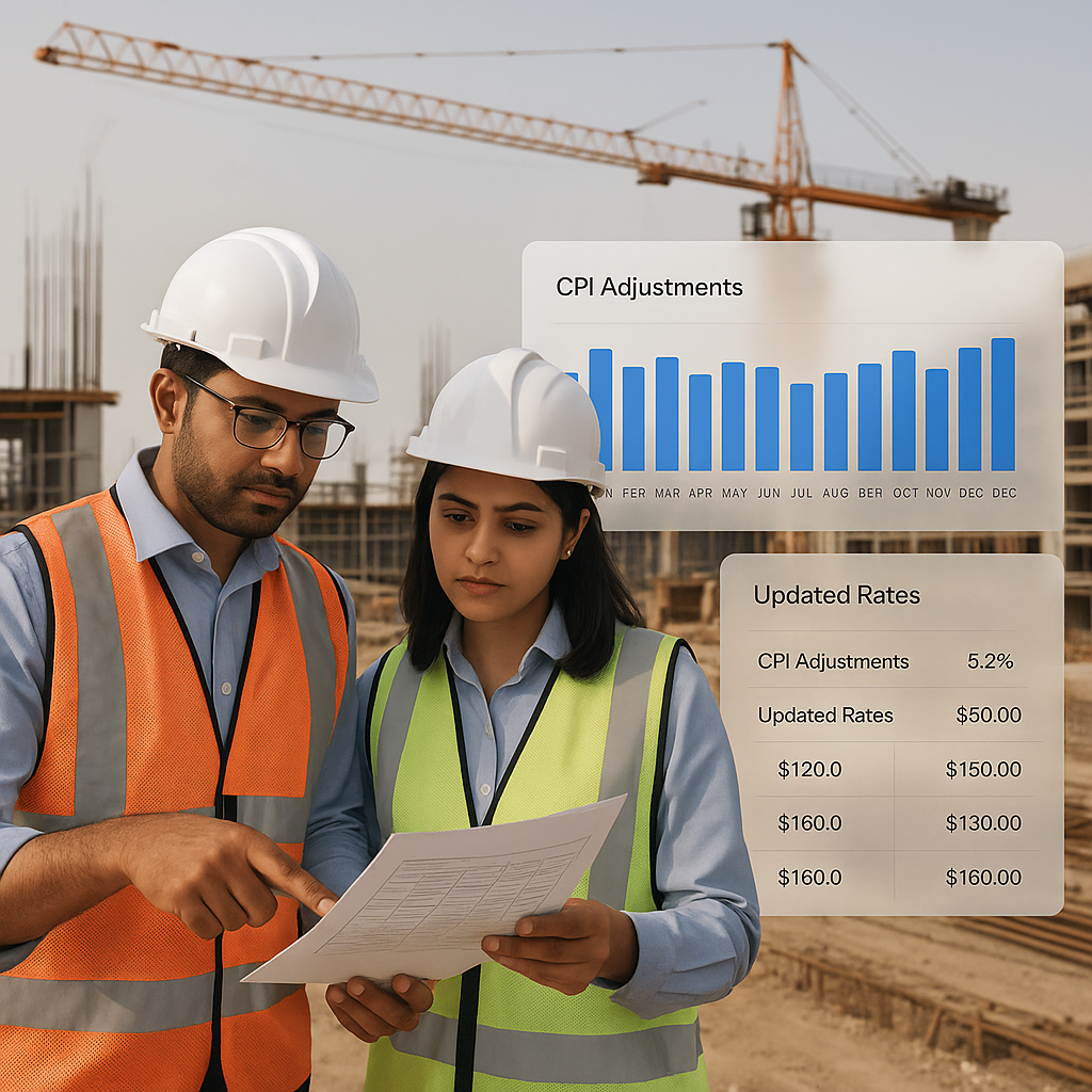 An Indian construction site with engineers reviewing a BOQ document, overlayed with a digital dashboard showing CPI adju...