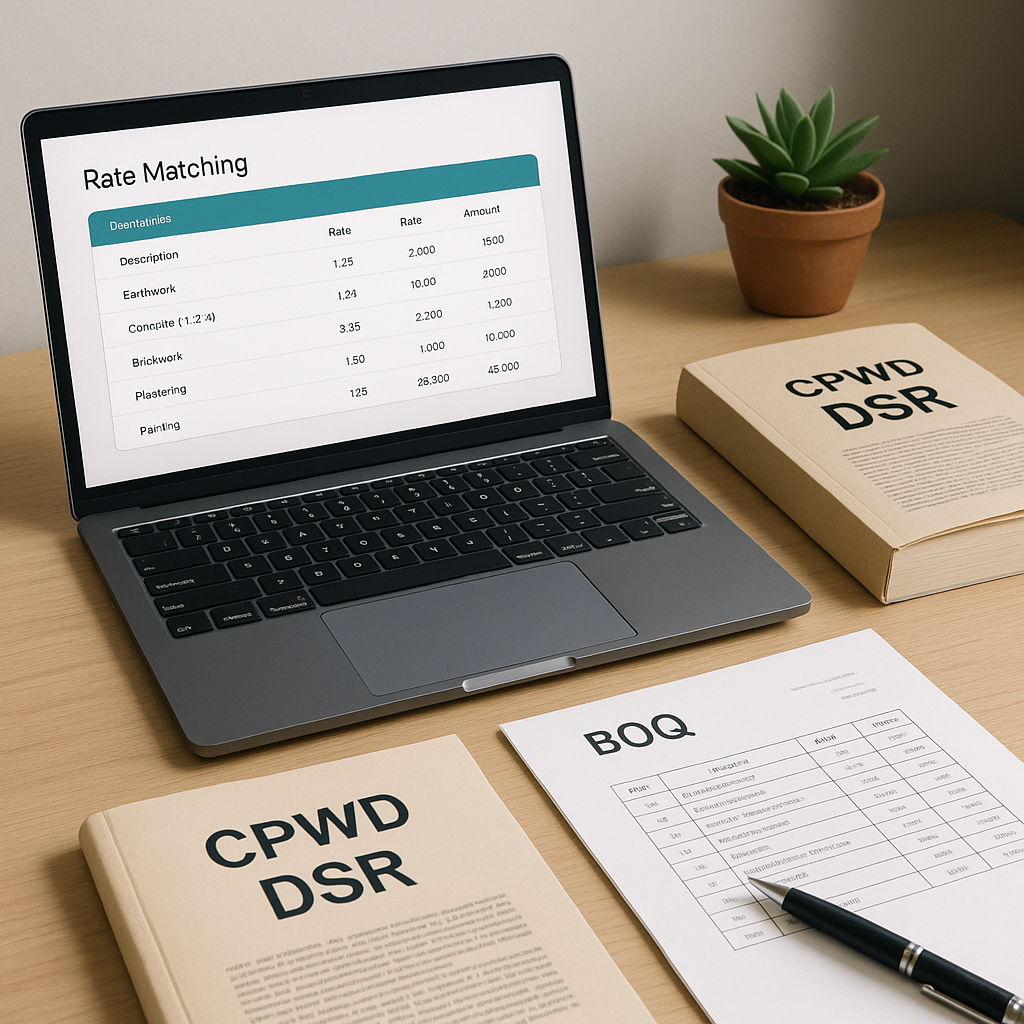 A realistic illustration of a contractor's desk with a laptop displaying rate-matching software, next to an open CPWD DS...