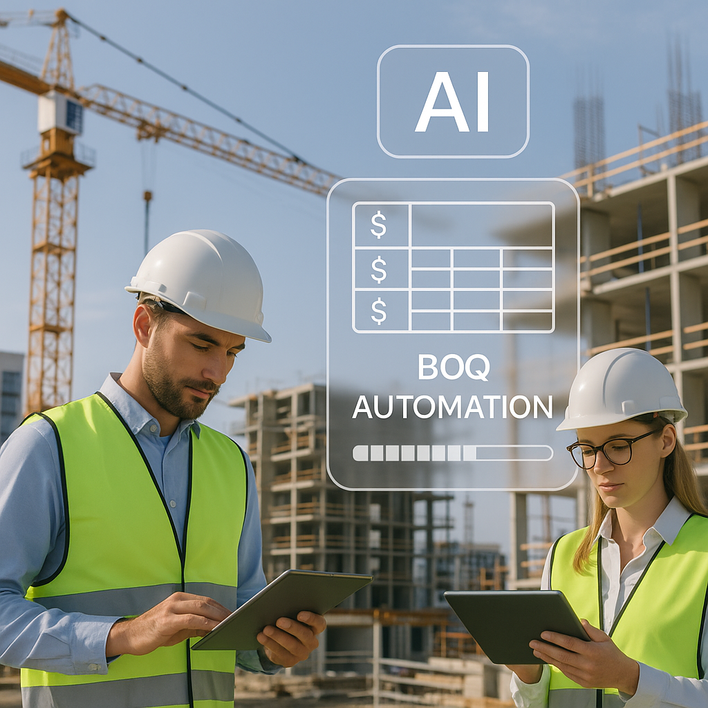 A modern construction site with engineers using tablets and an AI interface overlay showing BOQ automation in progress.
