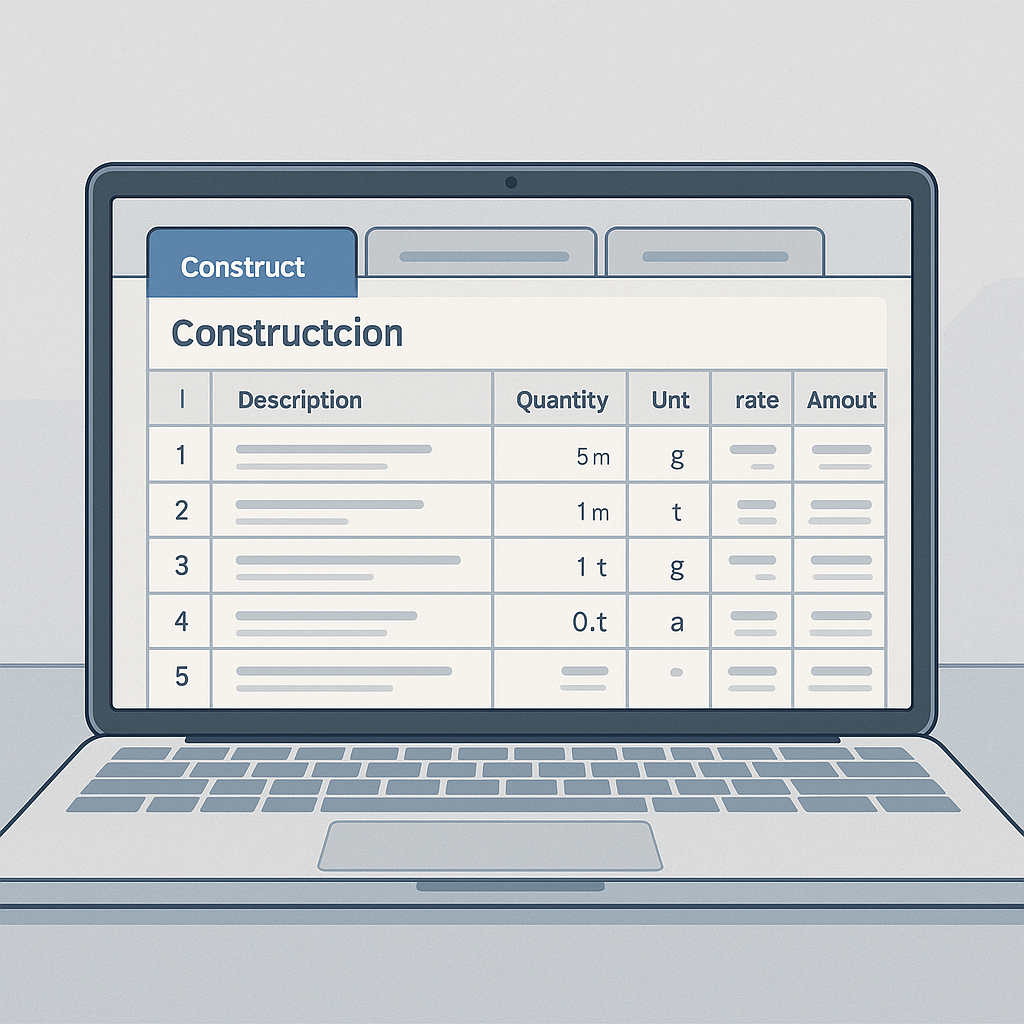 A detailed illustration of a construction BOQ spreadsheet on a laptop screen, with different formats (CSI MasterFormat,...