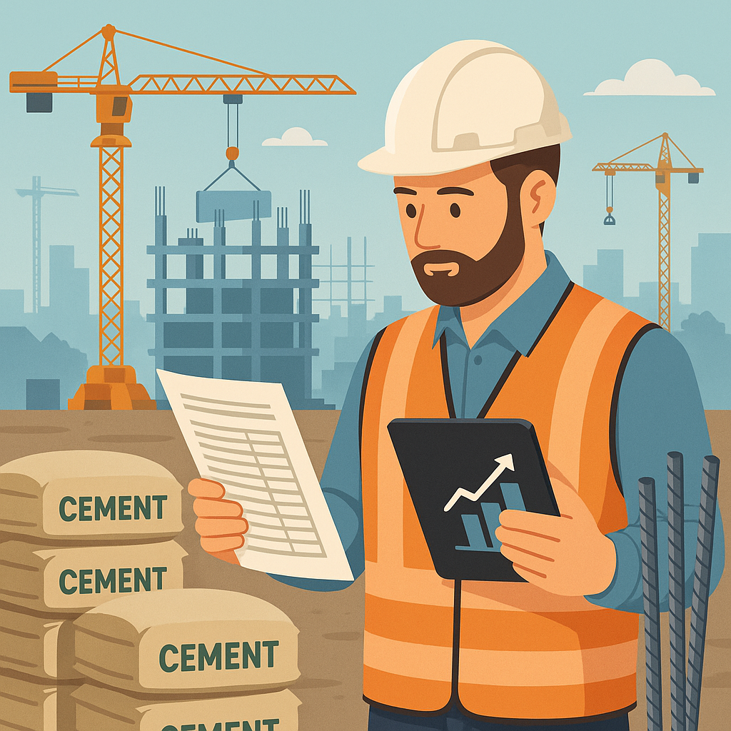 A detailed illustration of a construction site with a contractor comparing CPWD DSR rates on paper to live market rates...