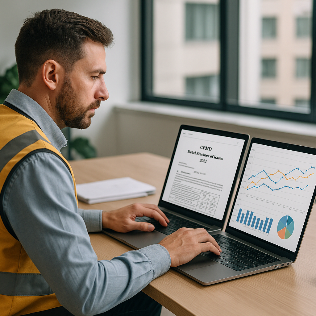 A realistic image of a construction estimator working on a laptop with CPWD DSR open on one side and market rate graphs...