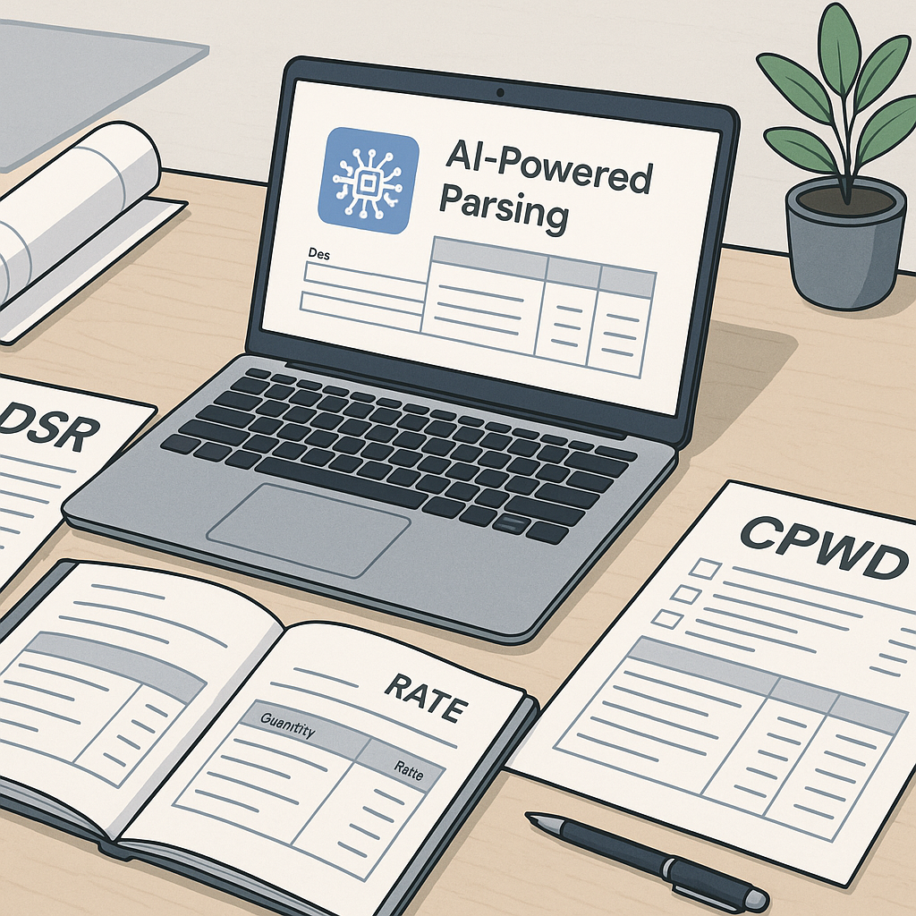 A detailed illustration of a contractor's desk with open DSR PDFs, a laptop showing AI-driven BOQ parsing, and a CPWD te...
