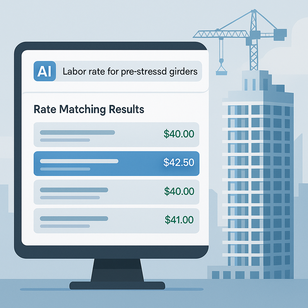 An AI-powered construction software interface showing rate matching results for a high-rise project. A digital screen di...