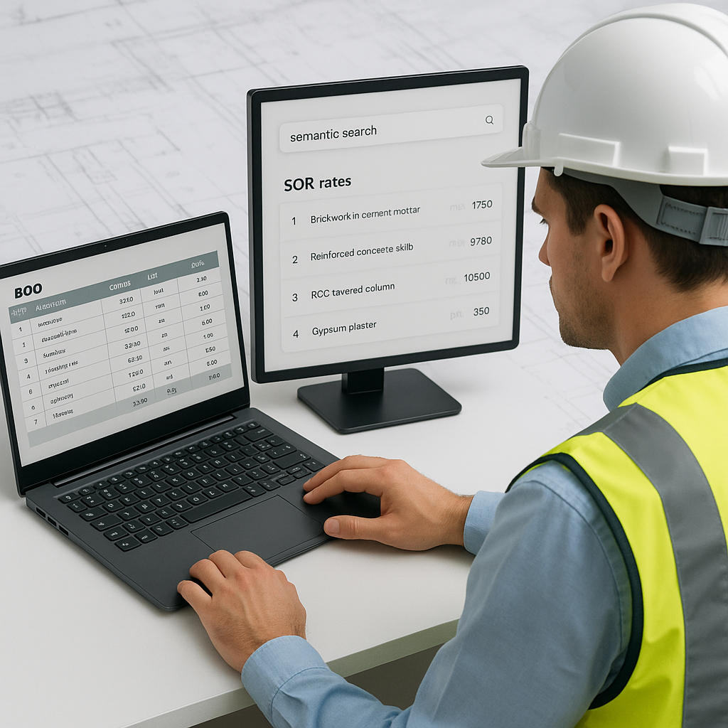 A construction estimator working on a laptop with a digital BOQ on one screen and semantic search results for SOR rates...