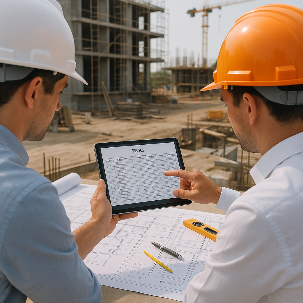 A detailed construction site with engineers reviewing BOQ sheets on a tablet, surrounded by blueprints and tools.