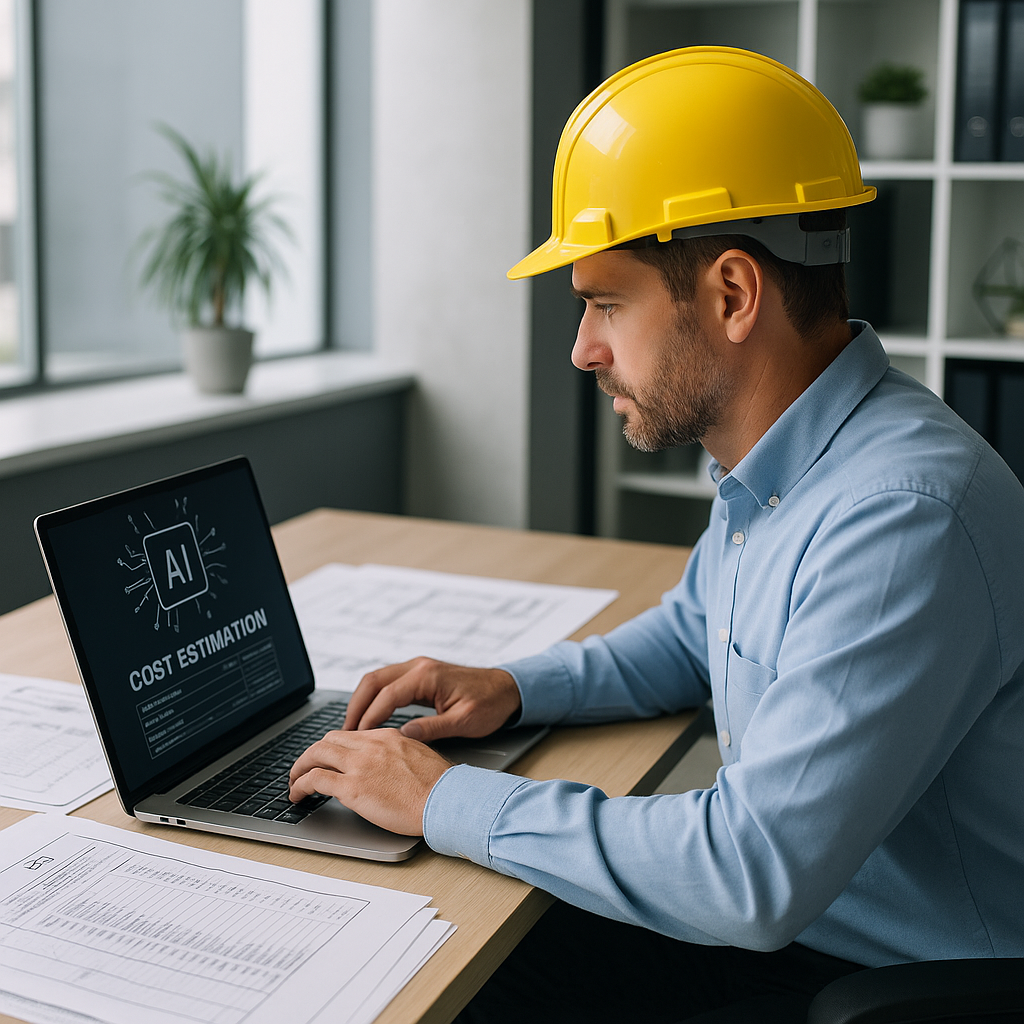 A construction estimator using an AI-powered tool on a laptop with BOQ documents and blueprints spread across a desk. Mo...