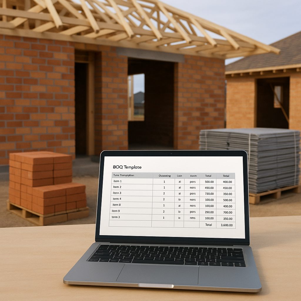 A detailed image of a residential construction site with a laptop displaying a BOQ template, showing line items and tota...