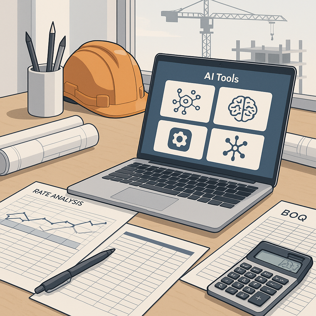 A detailed digital illustration of a construction site office desk with open rate analysis spreadsheets, AI tools on a l...