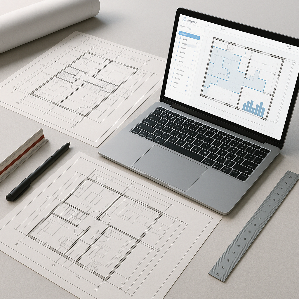 A realistic illustration of an estimator's desk with construction drawings, a laptop displaying AI takeoff software, and...