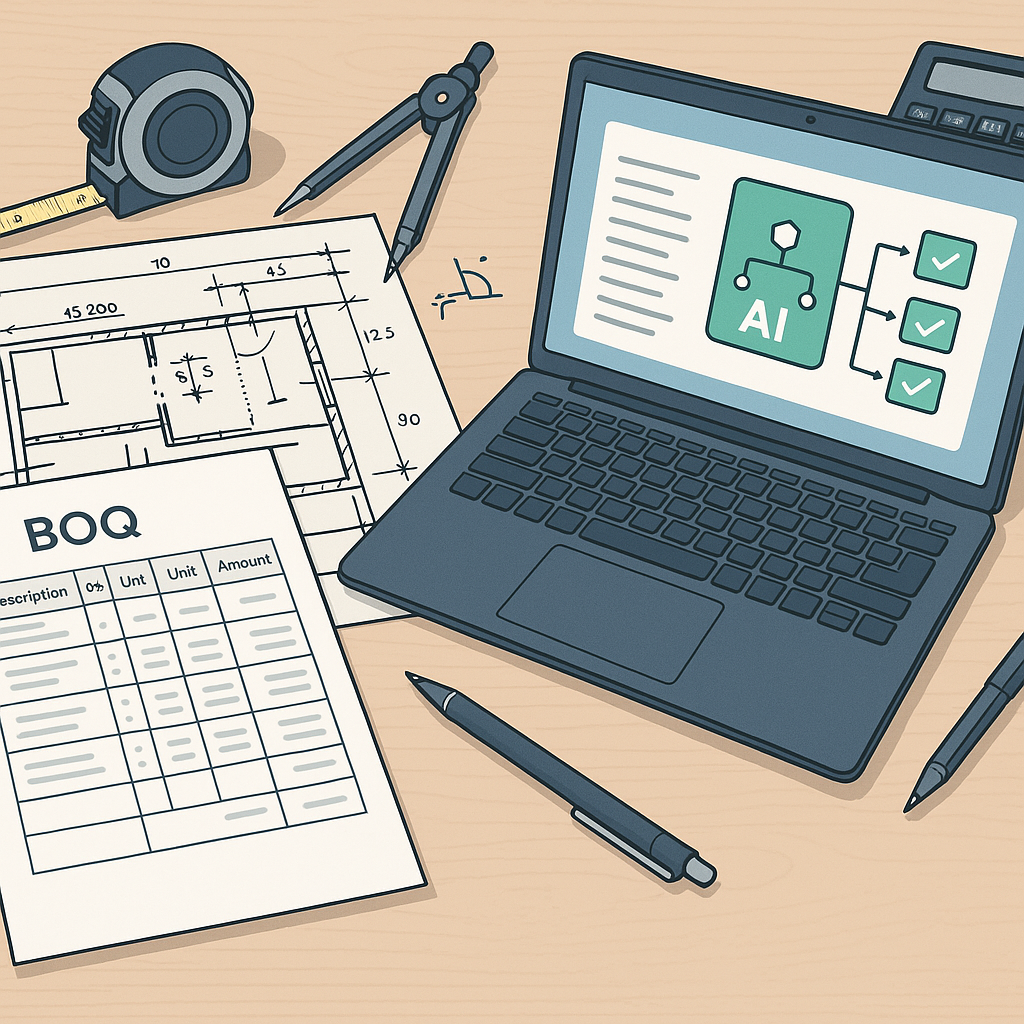 A detailed illustration of an estimator's desk with a BOQ sheet, a laptop showing AI-powered SOR matching, and annotated...