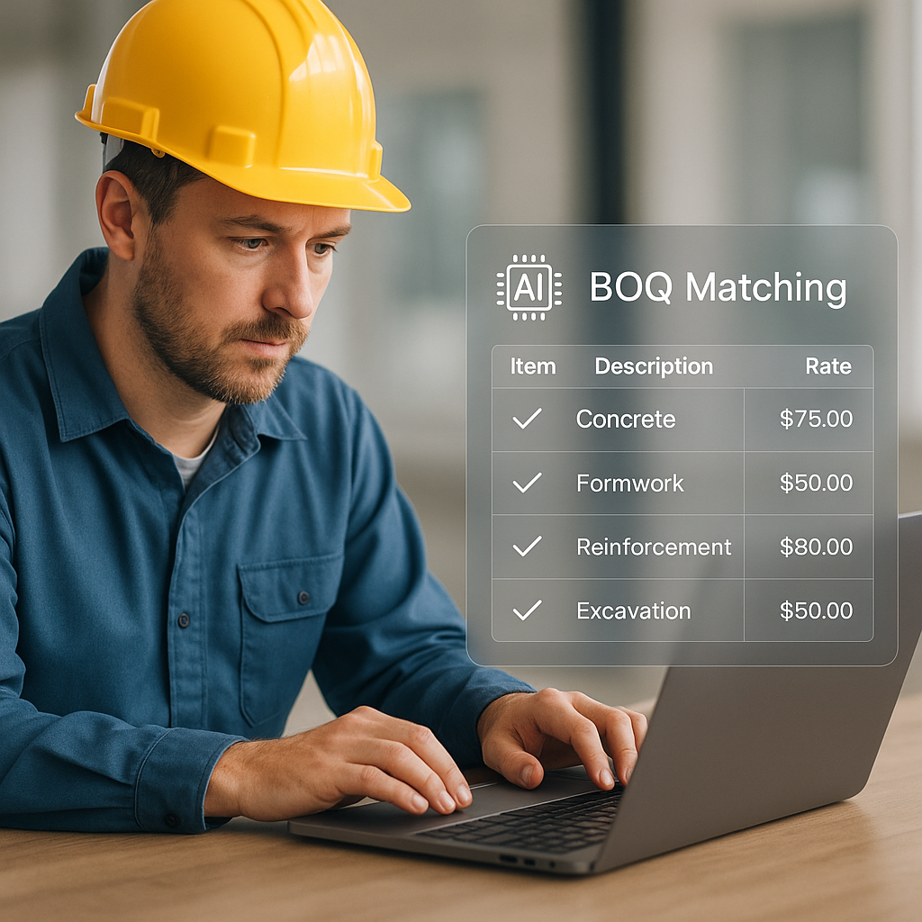 A construction estimator using a laptop with visual overlays of AI-powered BOQ matching, showing line items and rates au...