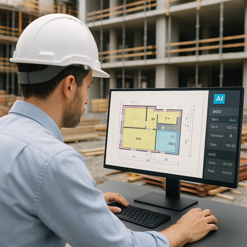 A construction estimator using an AI-powered interface to review automated BOQ preparation. The screen shows a scanned d...