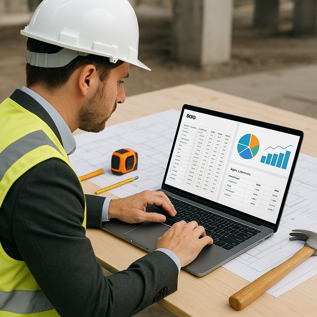 A construction project manager reviewing a BOQ on a laptop, with AI-generated charts and rate libraries visible on the s...