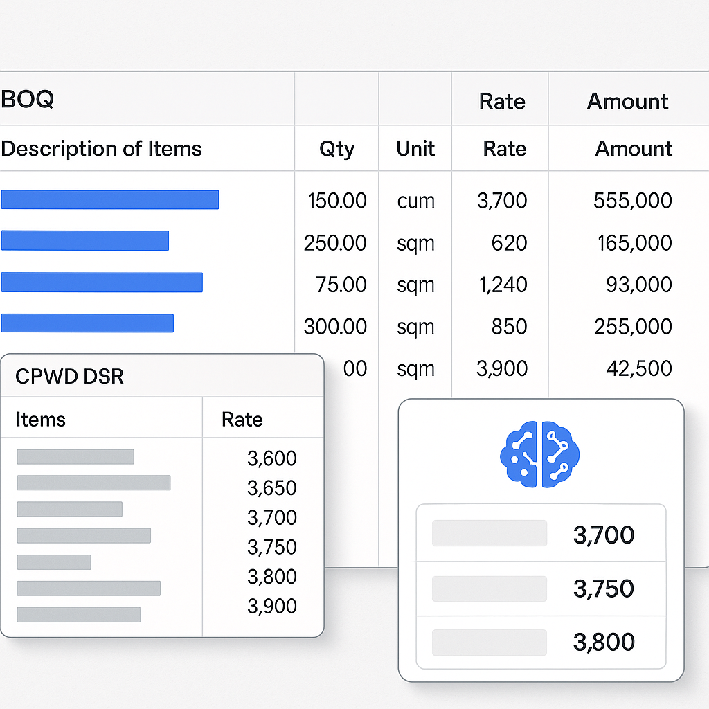 A detailed construction BOQ spreadsheet with CPWD DSR catalogs open on one side and an AI-powered estimation tool visibl...