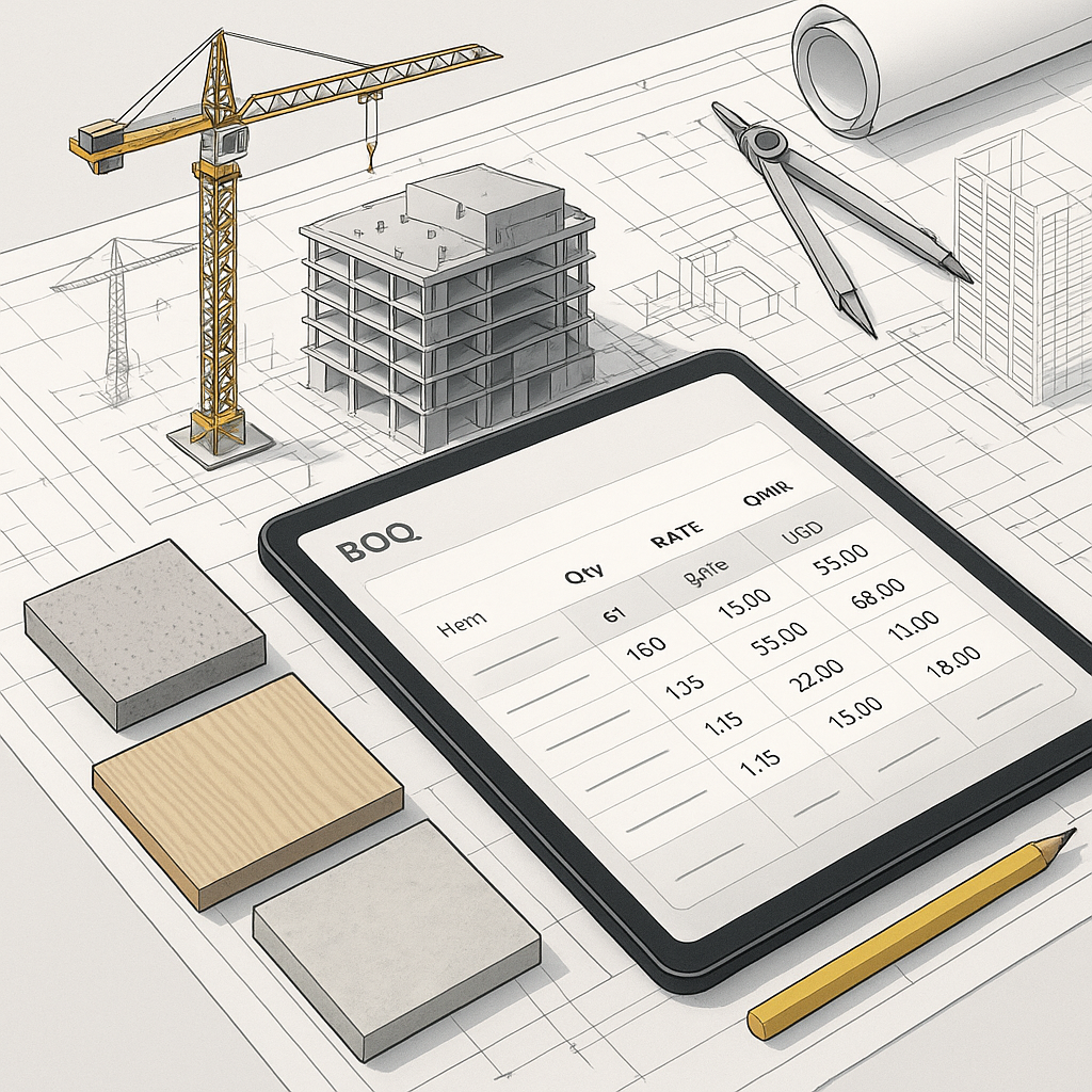 A detailed illustration of a construction project in the GCC region, showing a digital tablet with a BOQ tool displaying...
