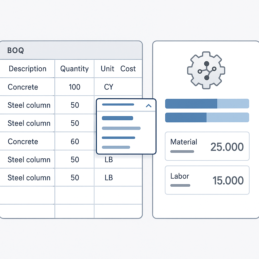 An AI-powered construction estimation software interface, showcasing RSMeans rate matching in action with a BOQ spreadsh...