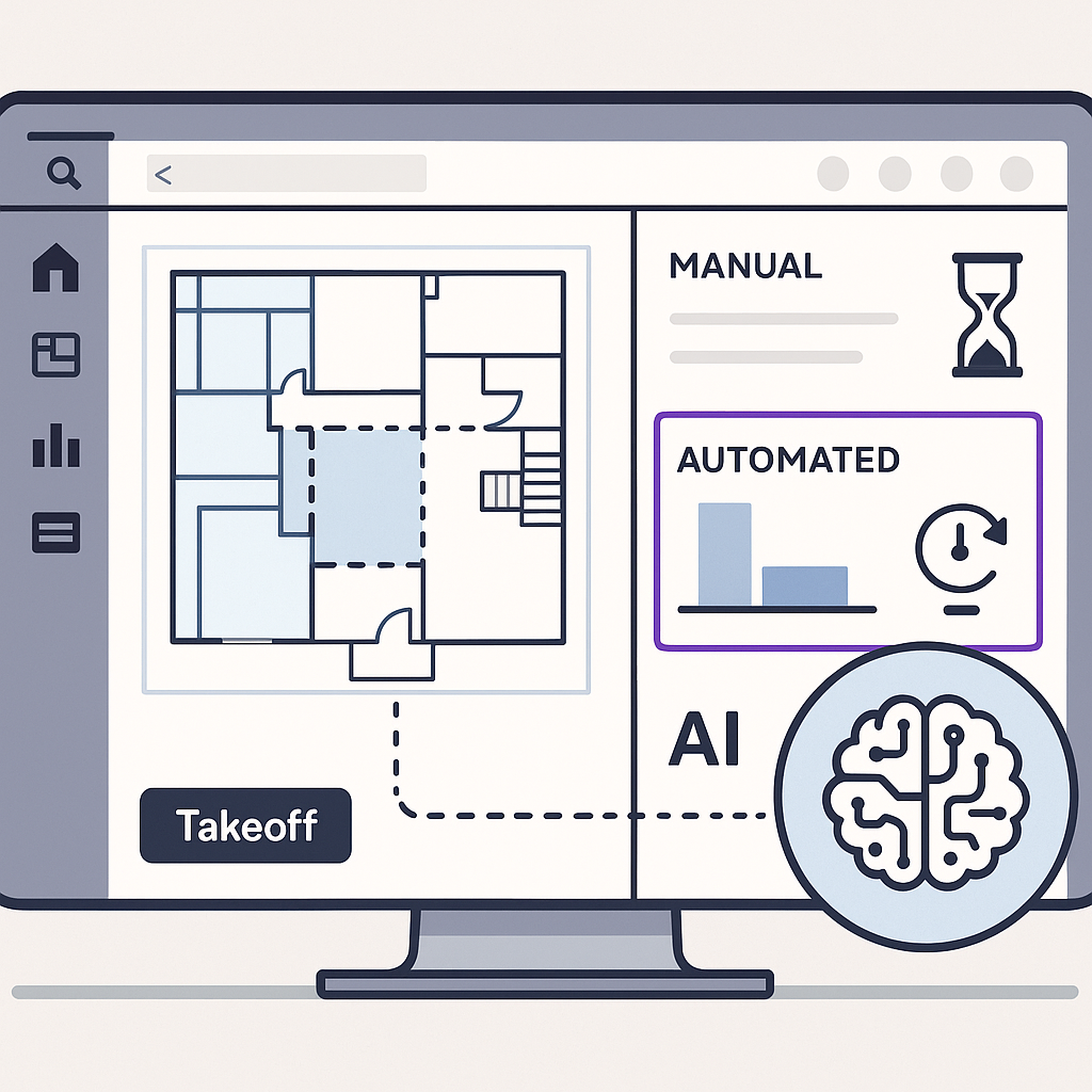A detailed illustration of an AI-powered construction software interface showing a takeoff process, with a side-by-side...