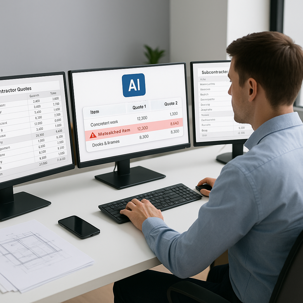 A construction estimator at a desk, surrounded by multiple screens displaying subcontractor quotes, with an AI interface...